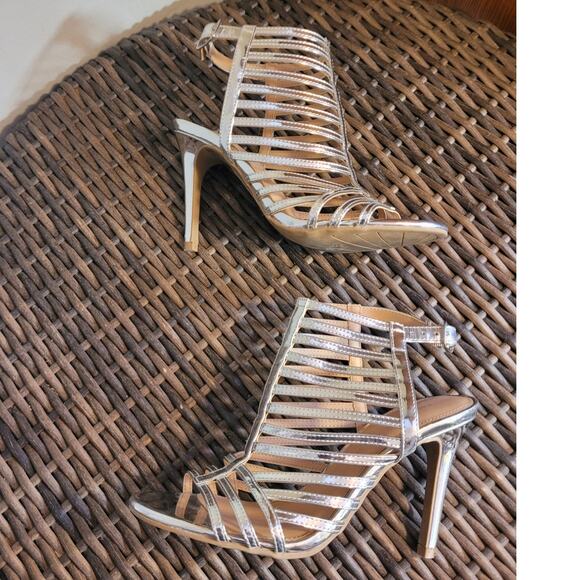 Christian Siriano Liquid Metallic Silver Caged Stilettos 6 Strappy Party Heels - Picture 2 of 8